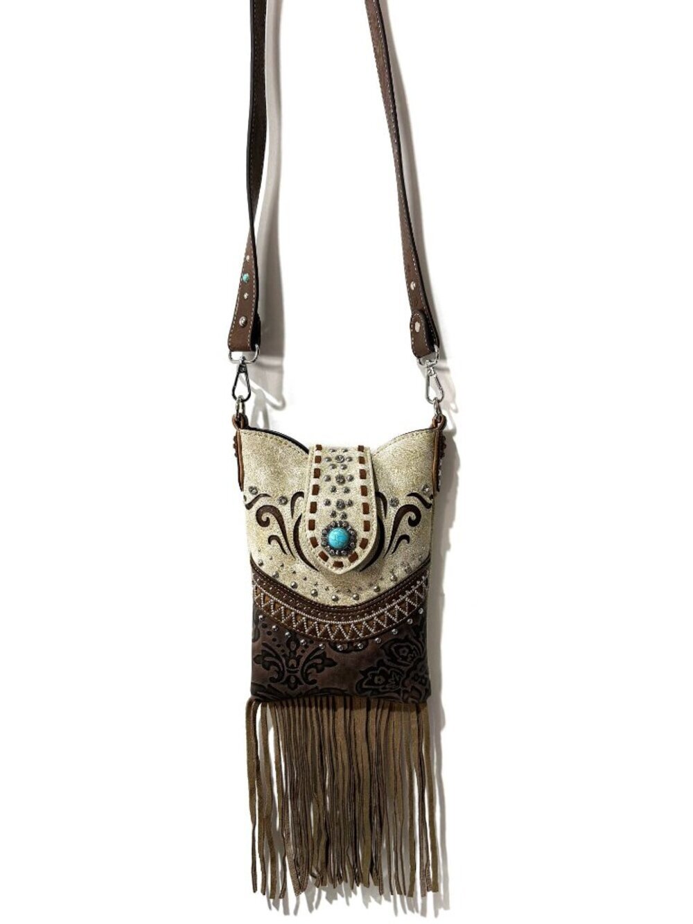 NWT Bella Beige Print Pu Leather Fringe Western Crossbody Messenger Pouch